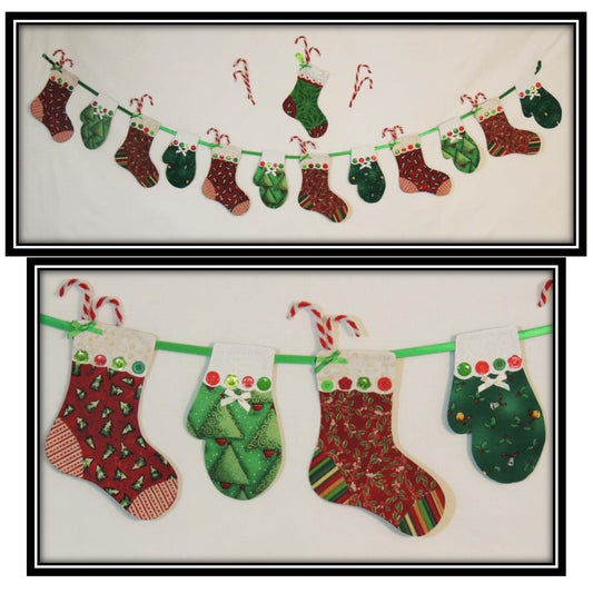 Stockings and Mittens Garland in Christmas fabrics. Top image shows a large garland with one stocking above it. The bottom image shows a close-up.