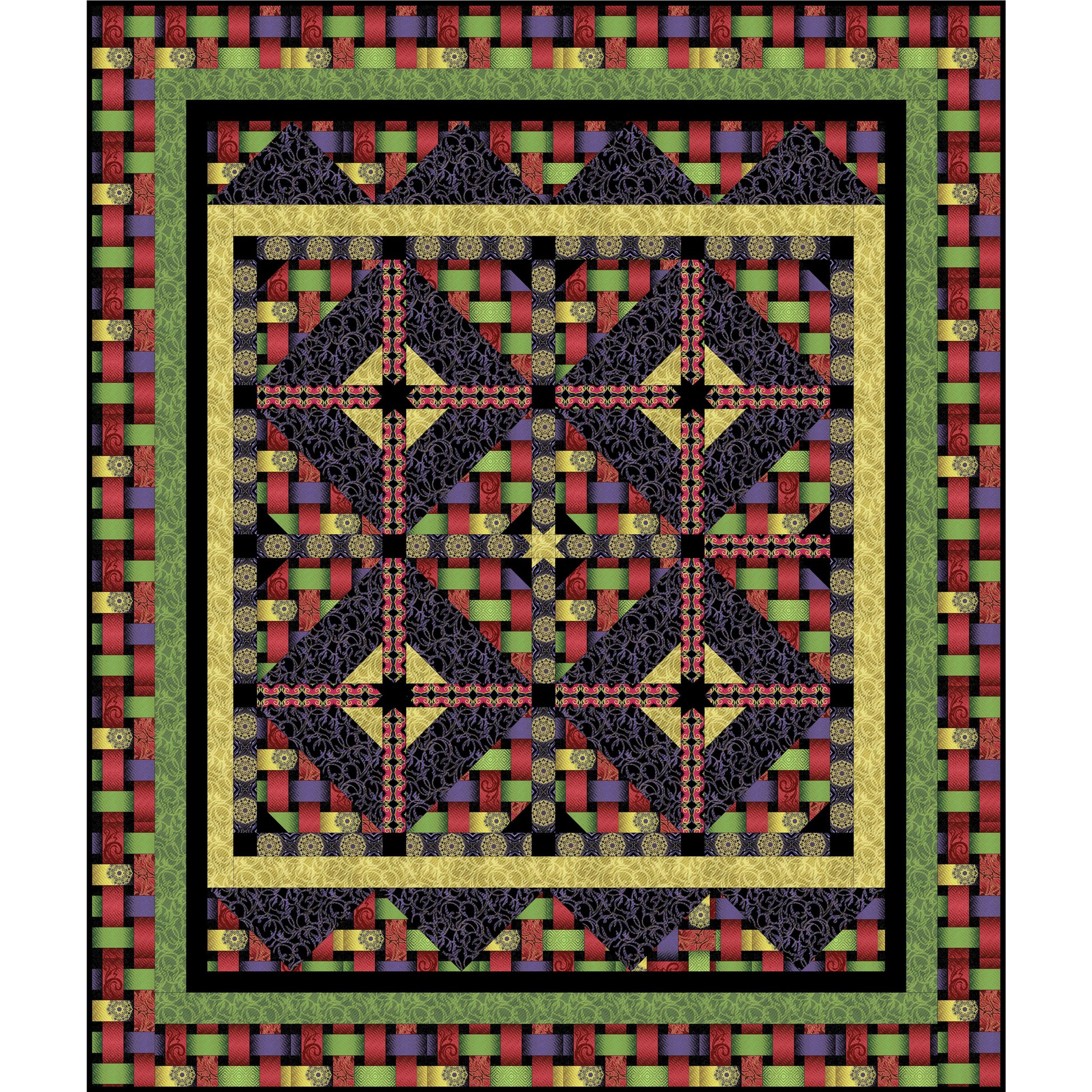 Fancy quilt features fun textured looking fabric in bright colors.