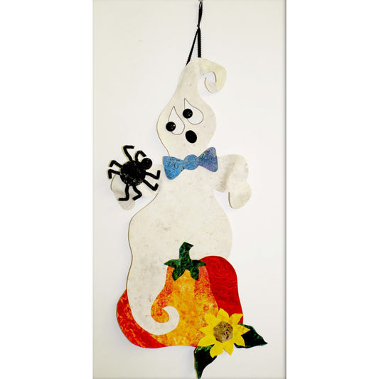 Adorable no-sew ghost hanging on a wall. Ghost looks a little scared of the spider on its hand. It's sitting on a pumpkin with a sunflower.