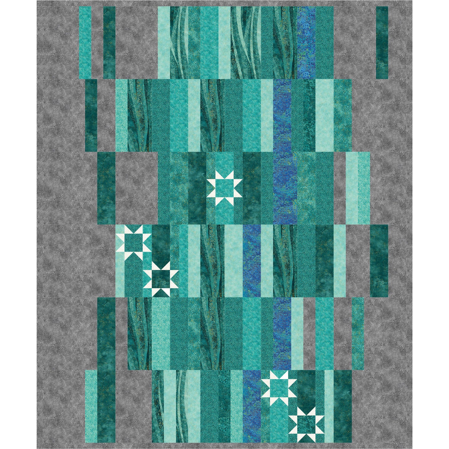 Fun quilt features rectangles of blue to green fabric that could look like a waterfall. There are a few stars that might be like water shining in the sun.