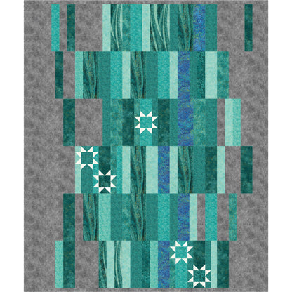 Fun quilt features rectangles of blue to green fabric that could look like a waterfall. There are a few stars that might be like water shining in the sun.