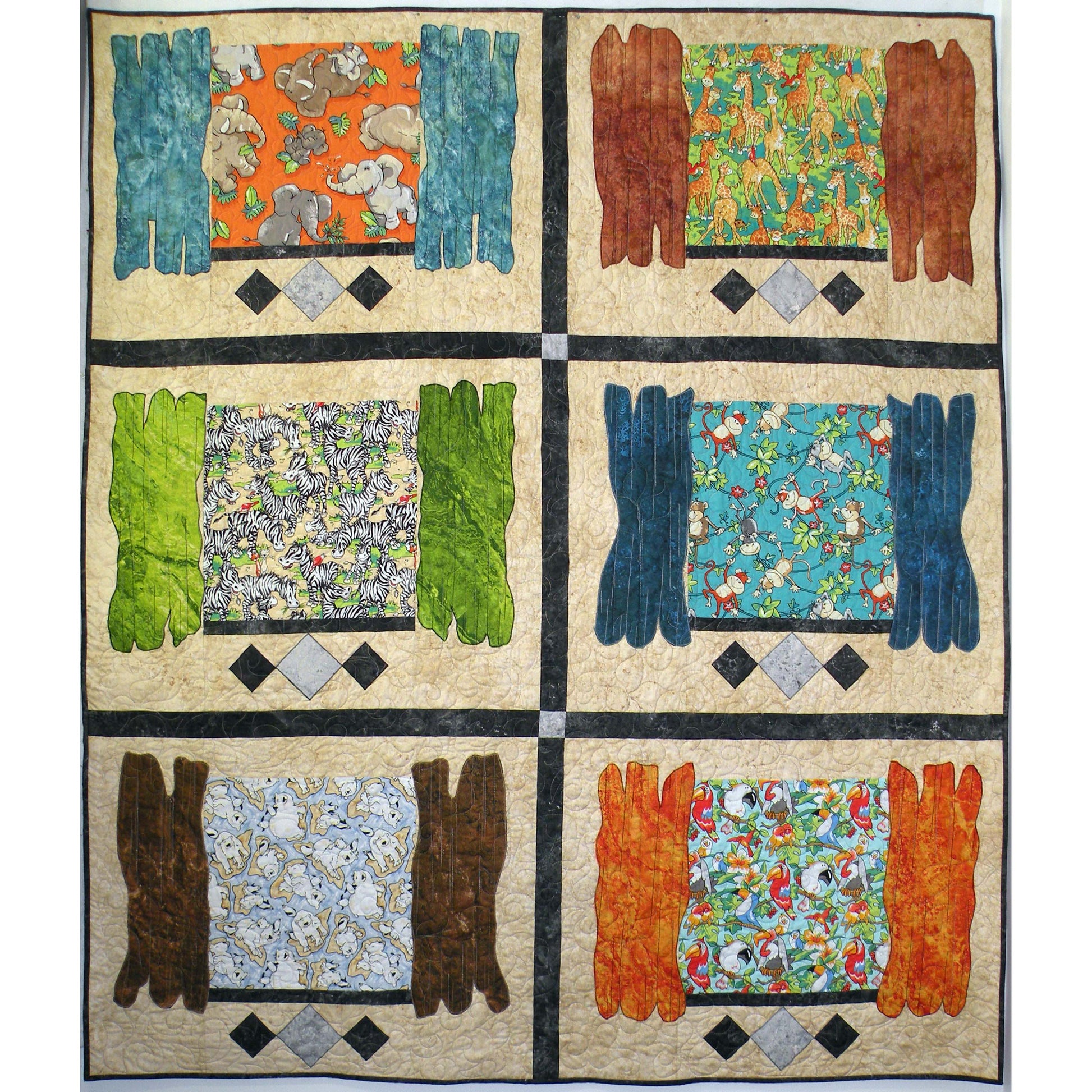 Quilt is a fun zoo lover's quilt with six windows or cages with fabric depicting different zoo animals.