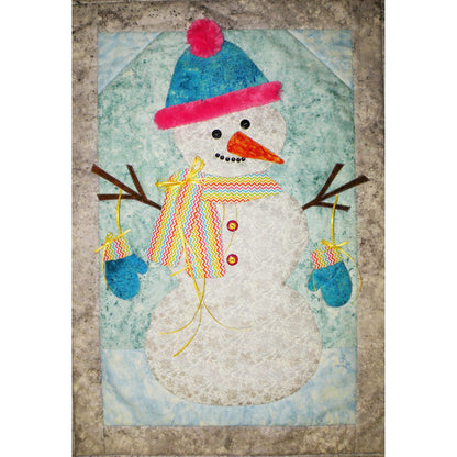 Cute snowman wall hanging with a colorful scarf, hat, carrot nose and mittens hanging from stick arms.