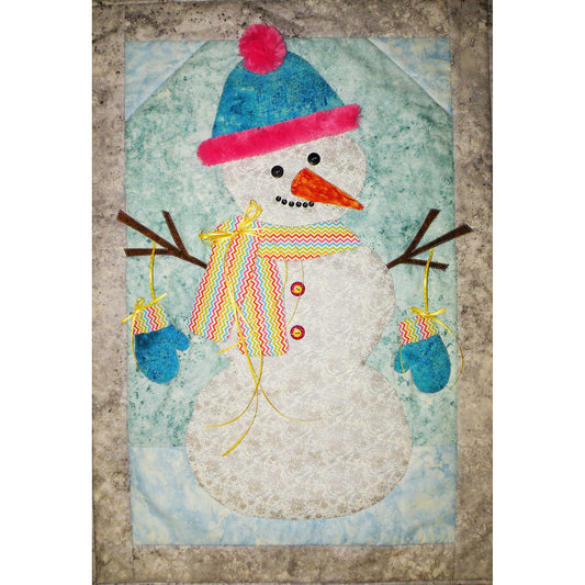 Cute snowman wall hanging with a colorful scarf, hat, carrot nose and mittens hanging from stick arms.