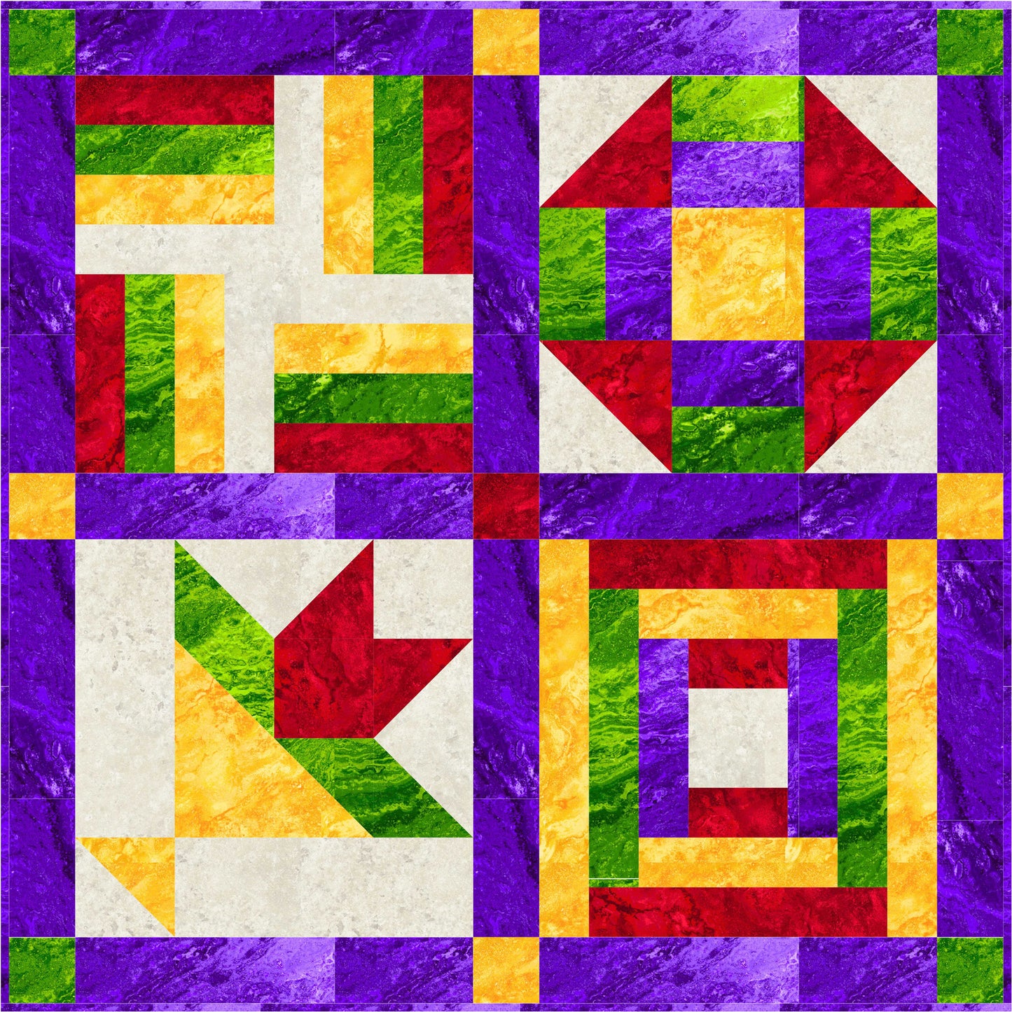 Colorful quilt block with geometric pattern on a purple background