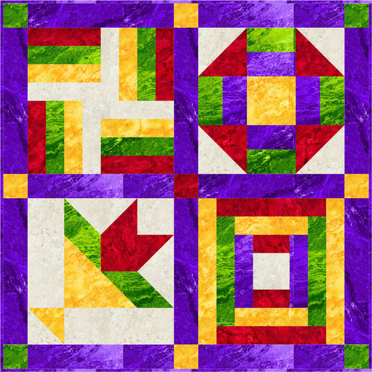 Colorful quilt block with geometric pattern on a purple background