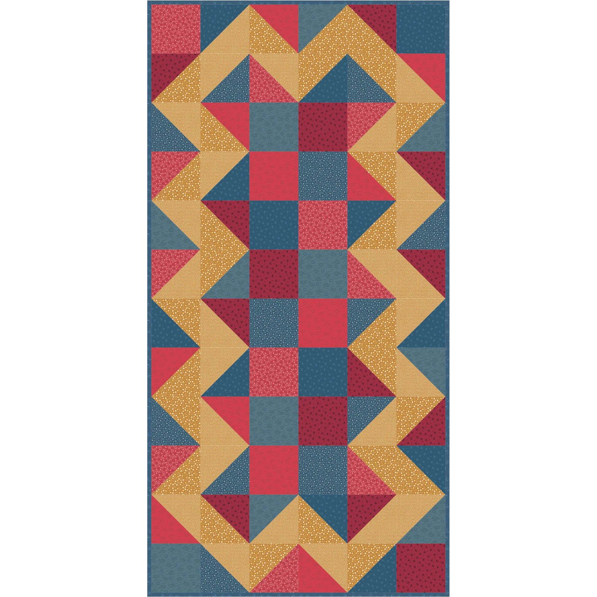 Beautiful quilt features blocks of color with a zig-zag pattern in contrasting pattern on the outside.