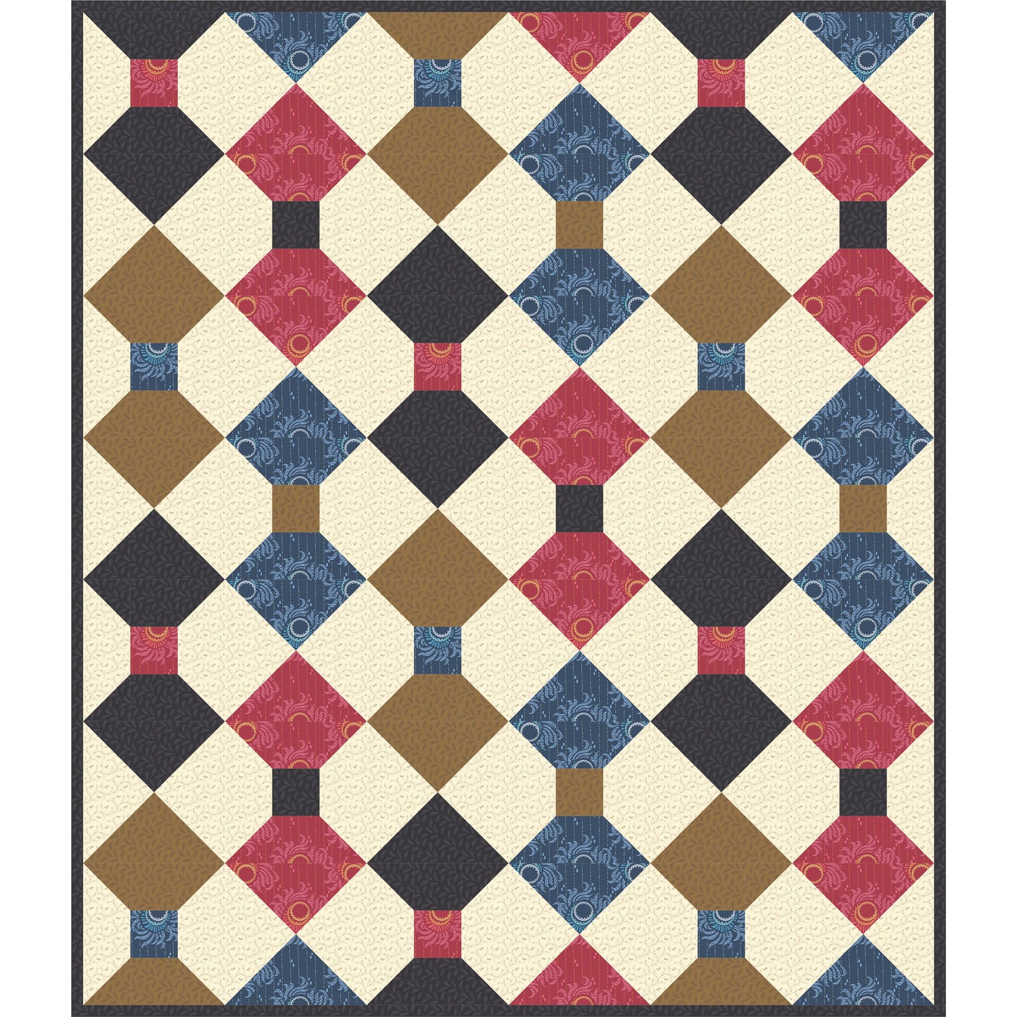 Quilt features diamonds attached with a square in multiple colored fabrics.