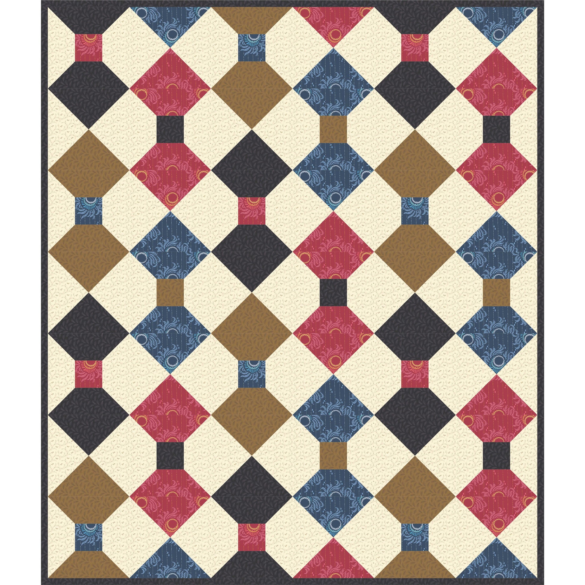 Quilt features diamonds attached with a square in multiple colored fabrics.
