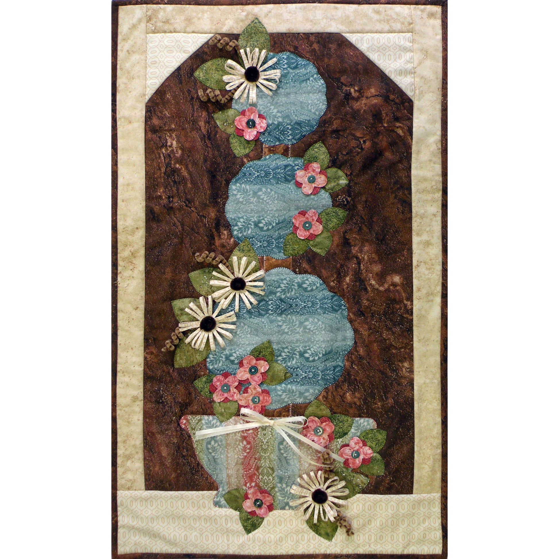 Adorable topiary wall quilt features three topiary levels in a blue-green fabric and similar base fabric with colorful flowers.