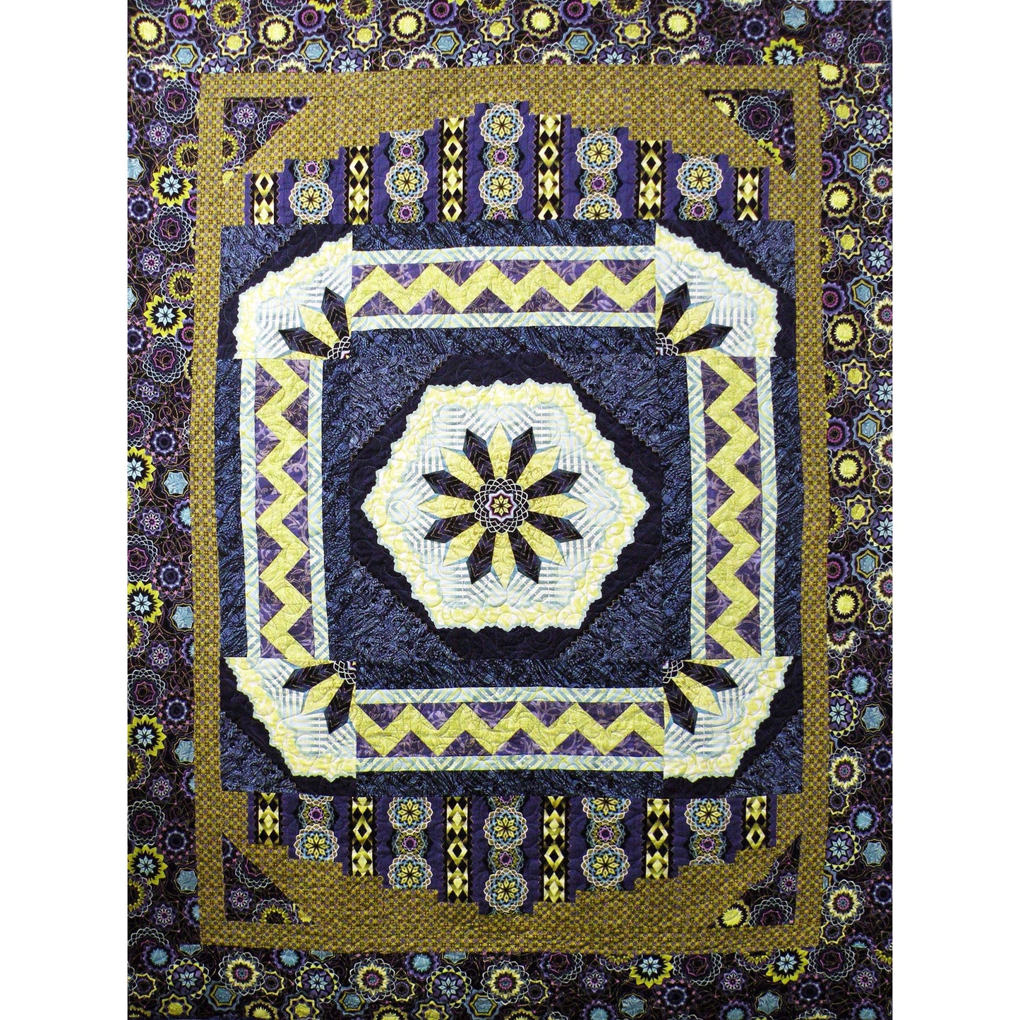 Fun quilt with a flower medallion in the middle.