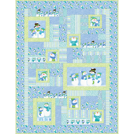 Fun, winter quilt features blocks of snowmen families in blude fabric borders.
