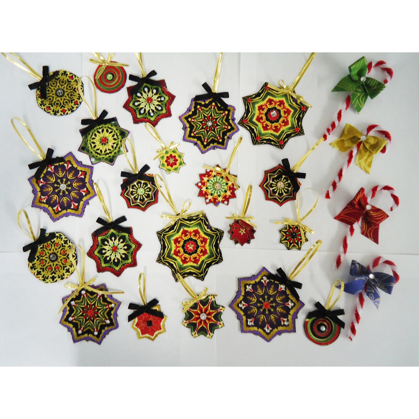 Lots of fun ornaments in pretty holiday colors.