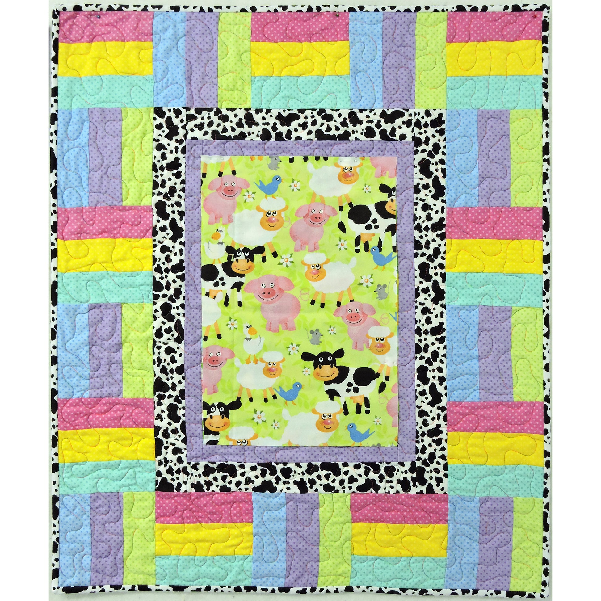 Farm animal print bordered by a couple of borders including a fun stripped border of bright colors in this beautiful quilt.