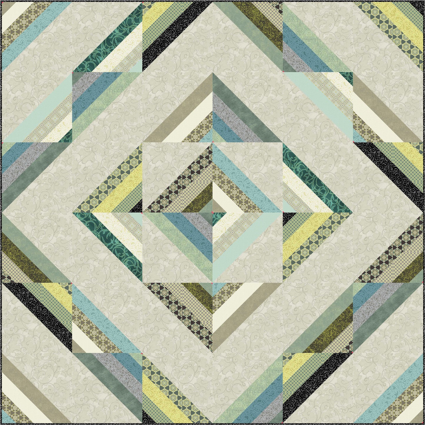 Geometric quilt pattern with green, blue, and beige colors on a light background