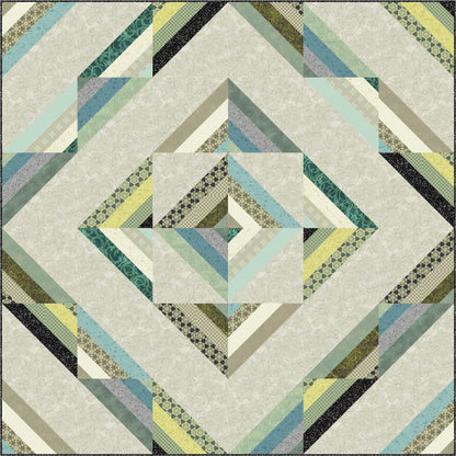 Geometric quilt pattern with green, blue, and beige colors on a light background
