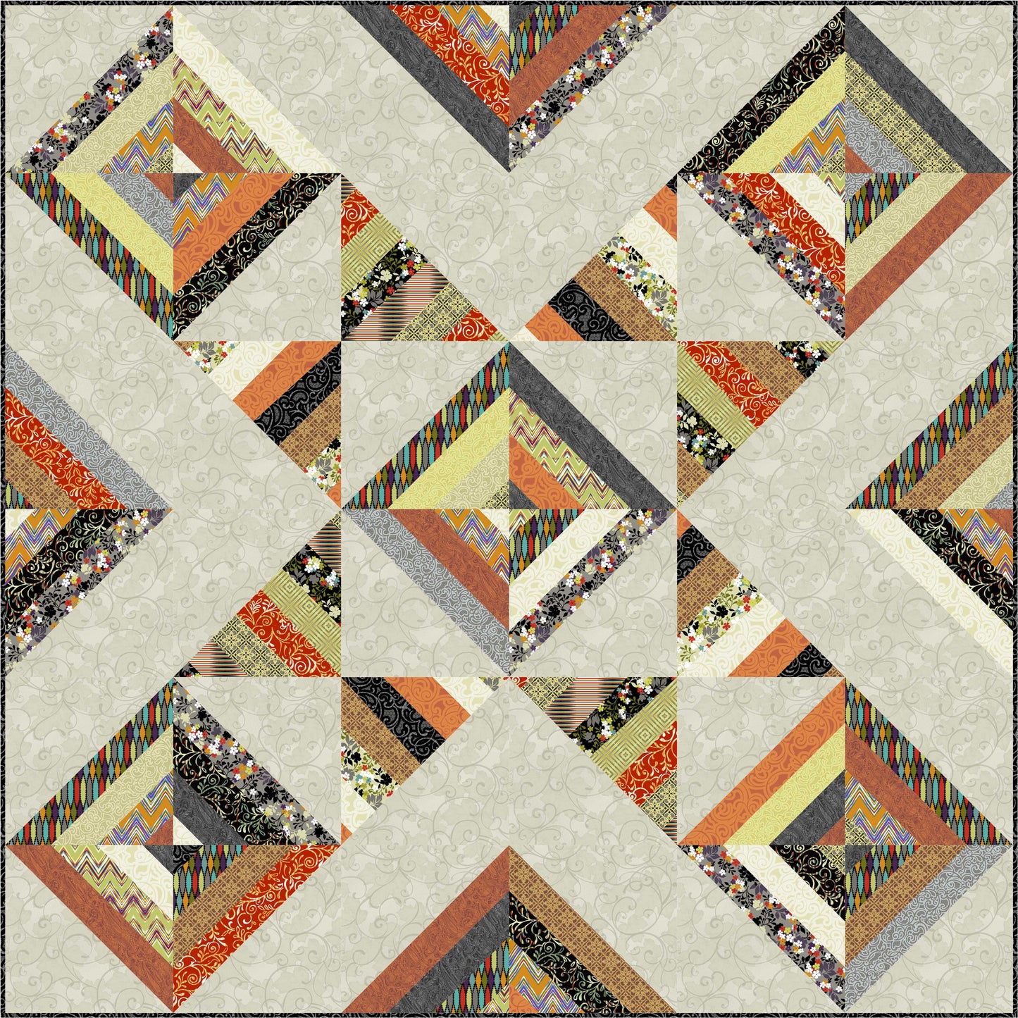 Quilt with geometric pattern featuring various colors on a light background