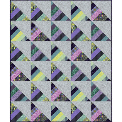 Quilt with geometric triangle pattern featuring purple, green, and gray colors on a light gray background.