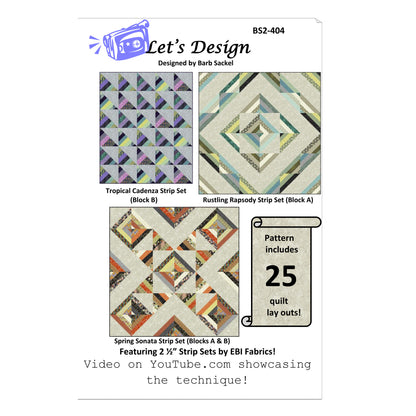 Quilt pattern packaging with four different strip set designs and text about the pattern details.