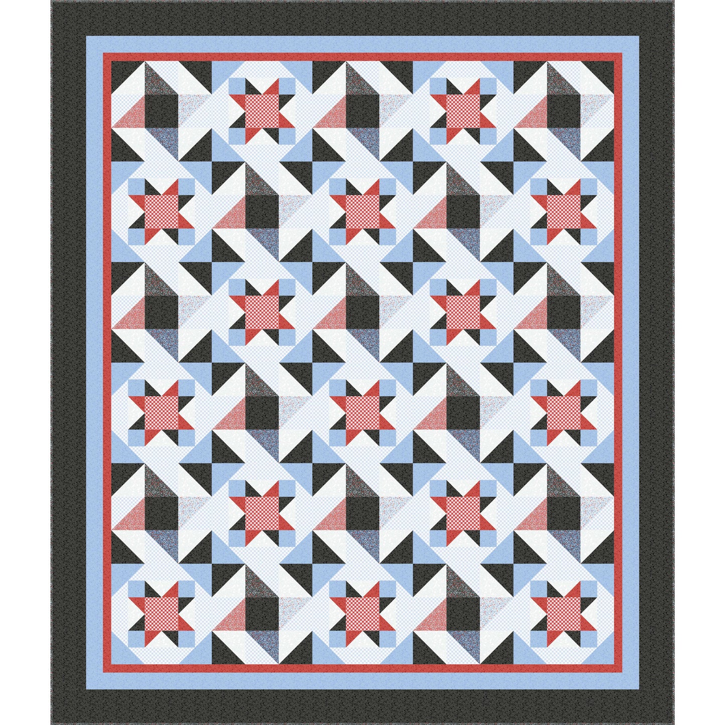 Quilt with geometric pattern featuring red, blue, and black triangles on a white background.