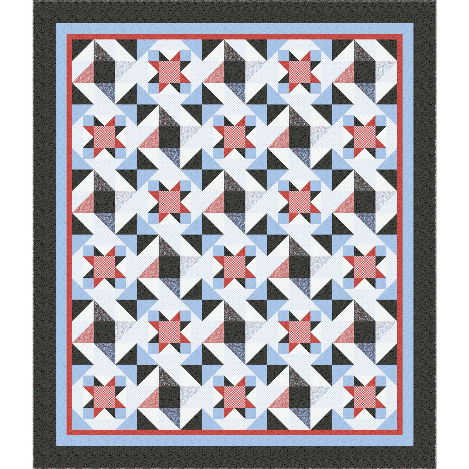 Quilt with geometric pattern featuring red, blue, and black triangles on a white background.