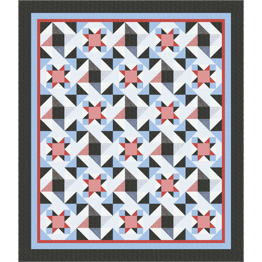 Quilt with geometric pattern featuring red, blue, and black triangles on a white background.