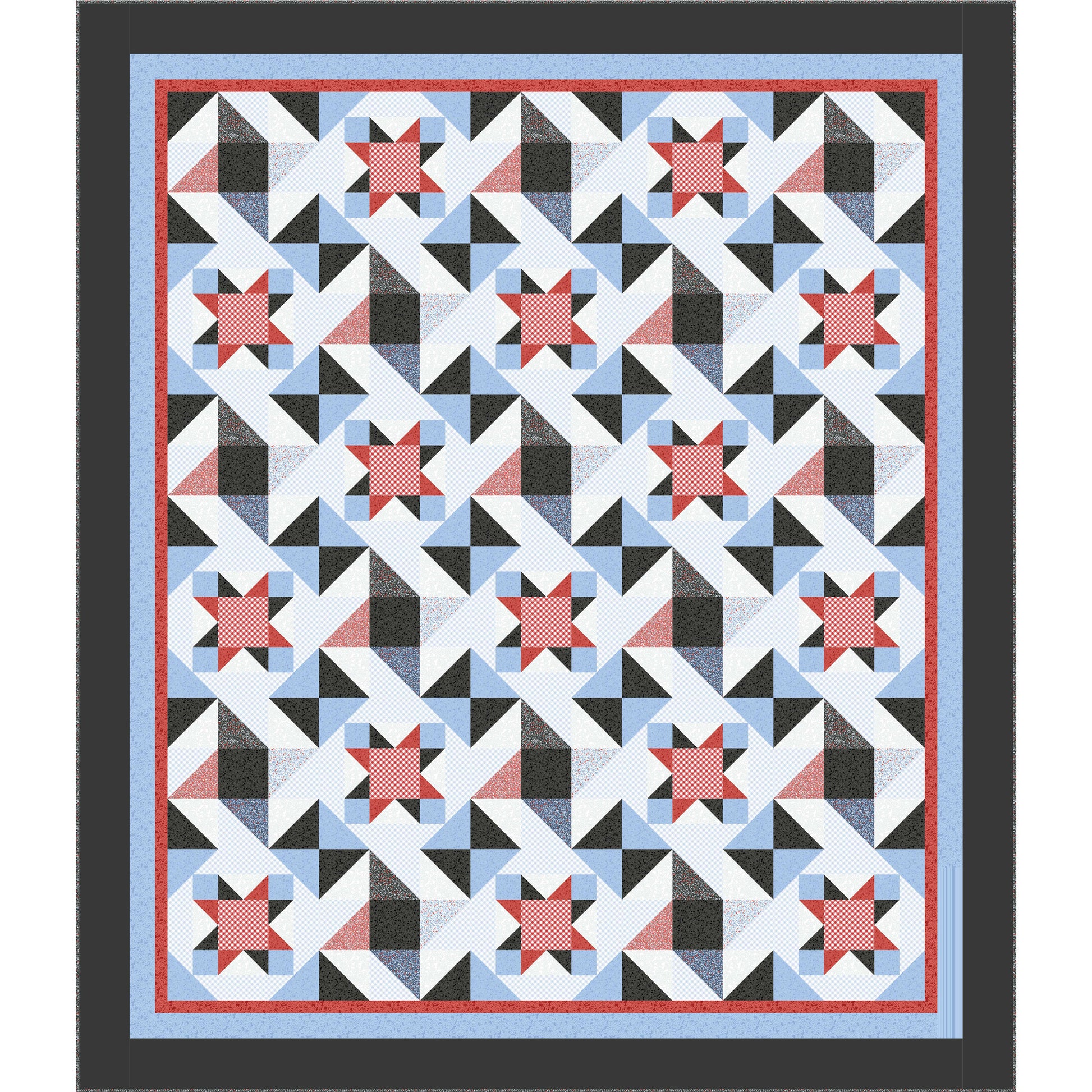 Quilt with geometric pattern featuring stars and triangles in red, blue, and black on a white background.