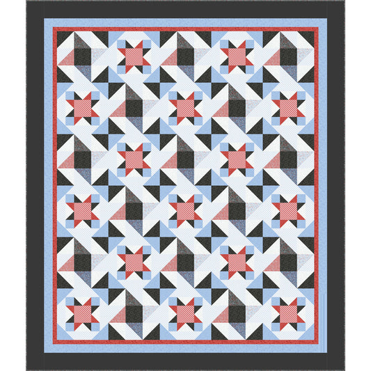 Quilt with geometric pattern featuring stars and triangles in red, blue, and black on a white background.