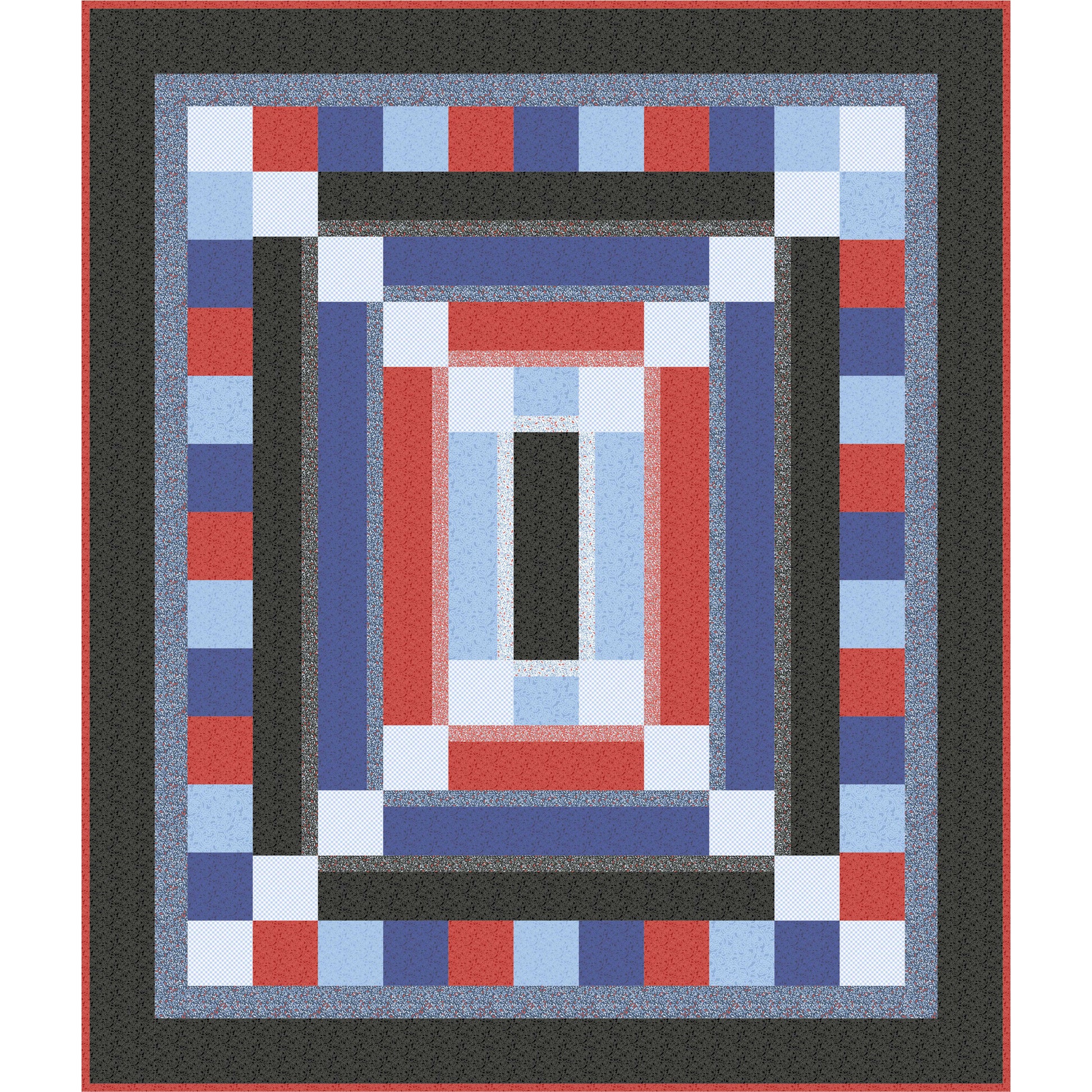 Quilt with geometric pattern featuring red, blue, and black on a white background