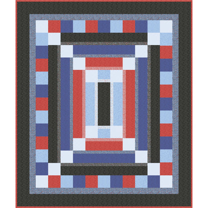 Quilt with geometric pattern featuring red, blue, and black on a white background