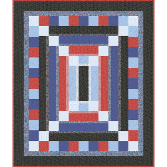 Quilt with geometric pattern featuring red, blue, and black on a white background