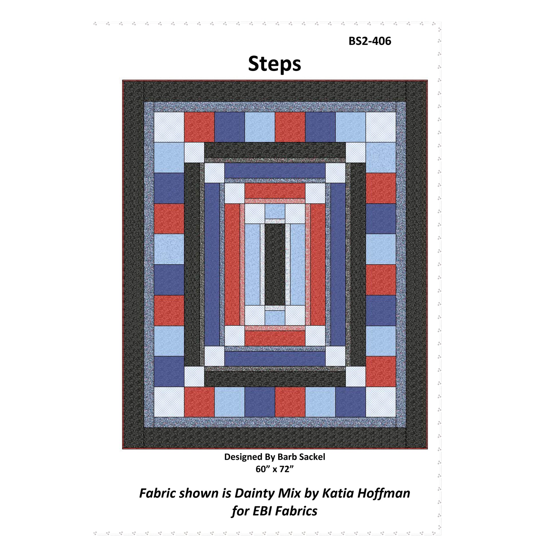 Quilt pattern with geometric design in red, blue, and black on a white background
