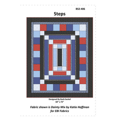 Quilt pattern with geometric design in red, blue, and black on a white background