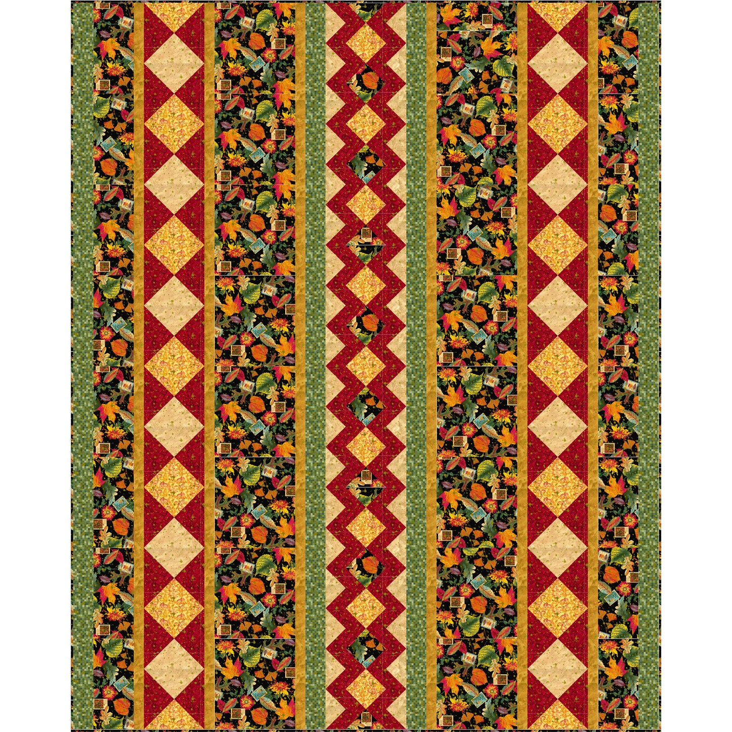 Decorative quilt with autumn-themed pattern on a white background