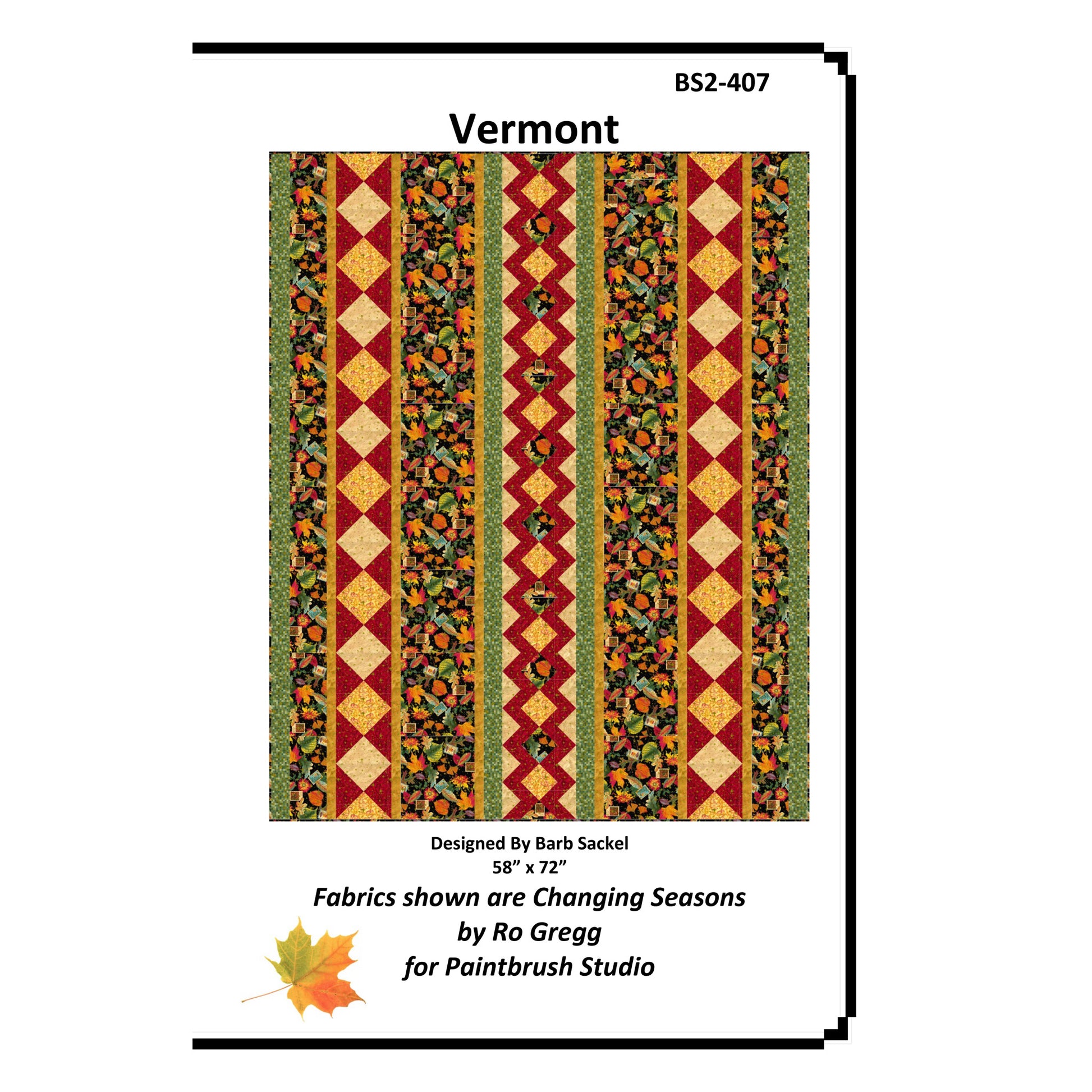 Quilt pattern with colorful striped design labeled 'Vermont' on a white background.