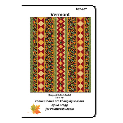 Quilt pattern with colorful striped design labeled 'Vermont' on a white background.