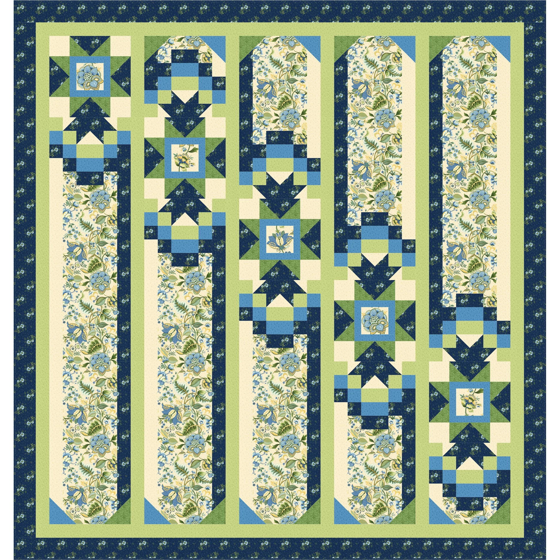 Quilt with floral and geometric patterns in blue, green, and white on a blue border.