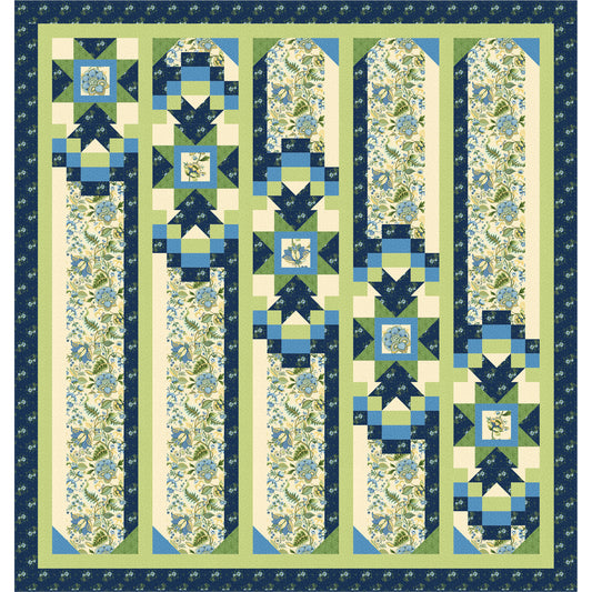 Quilt with floral and geometric patterns in blue, green, and white on a blue border.