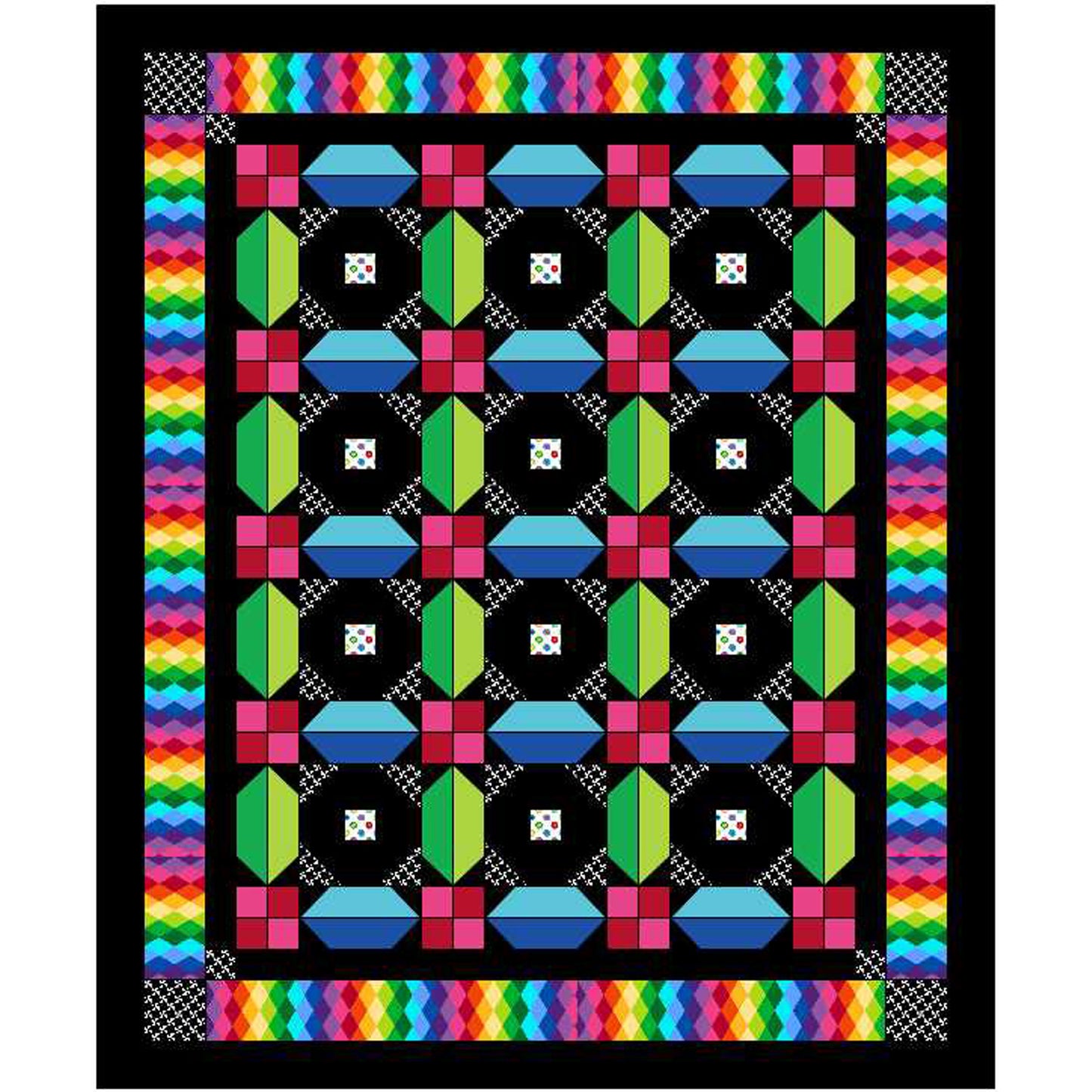 Colorful geometric quilt with rainbow border on a black background