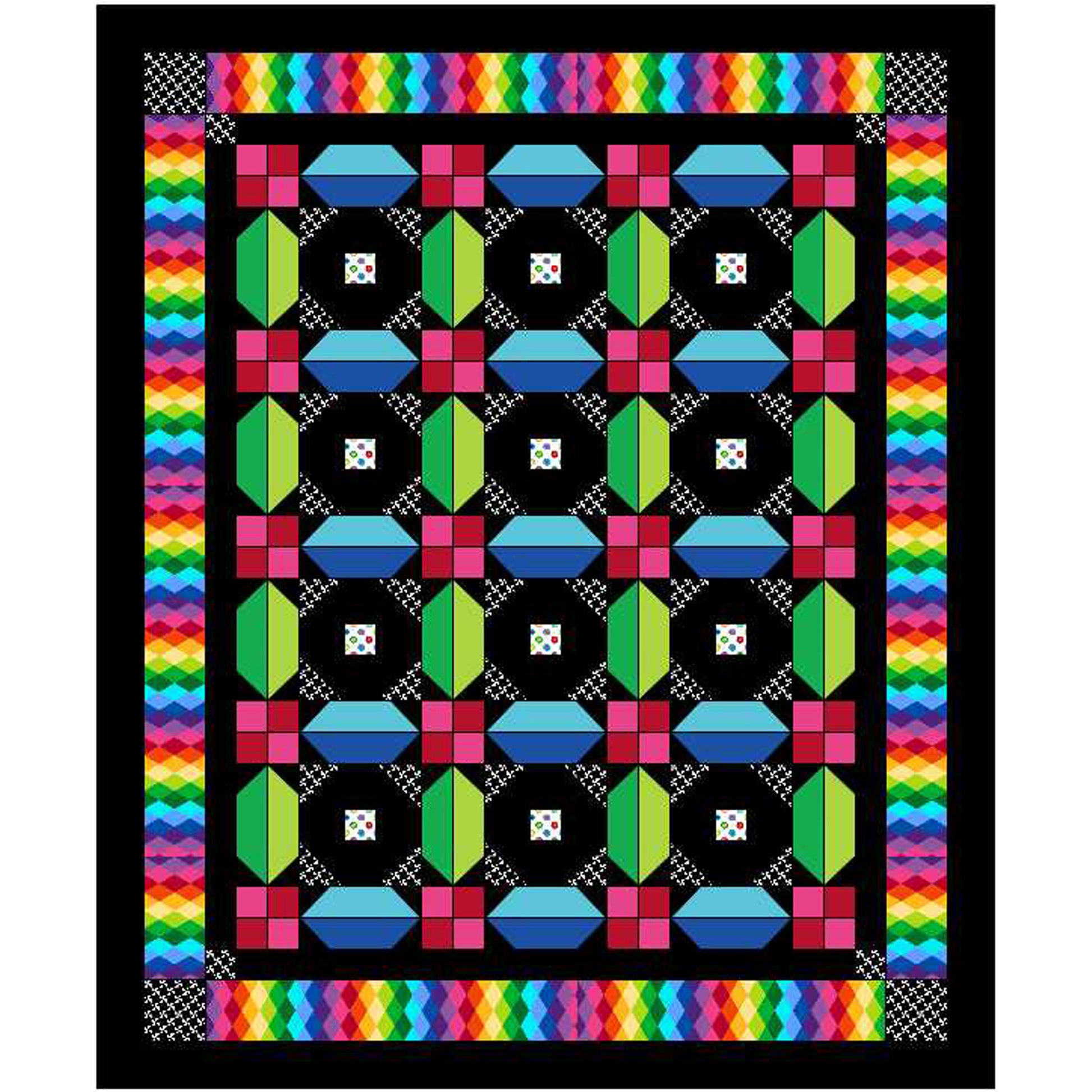 Colorful geometric quilt with rainbow border on a black background