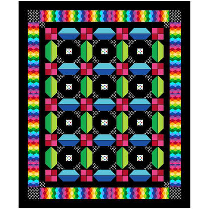 Colorful geometric quilt with rainbow border on a black background