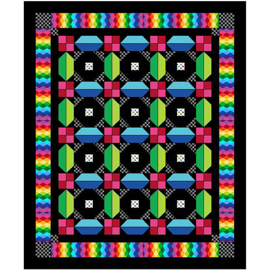 Colorful geometric quilt with rainbow border on a black background