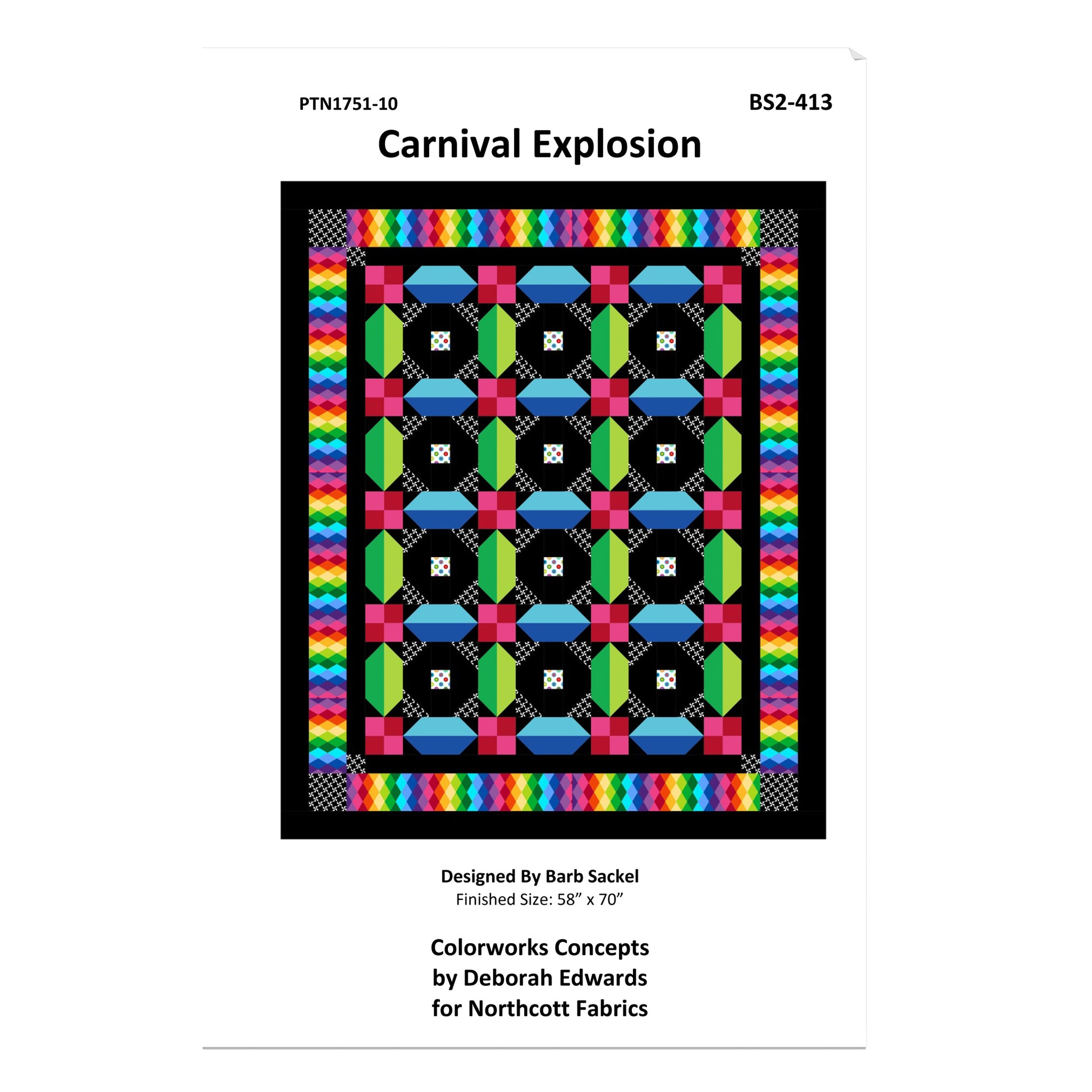 Quilt pattern cover titled 'Carnival Explosion' with colorful geometric design on a white background.