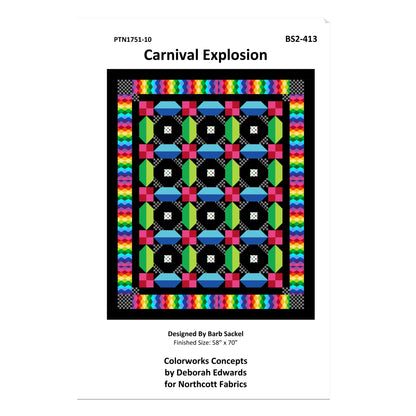 Quilt pattern cover titled 'Carnival Explosion' with colorful geometric design on a white background.