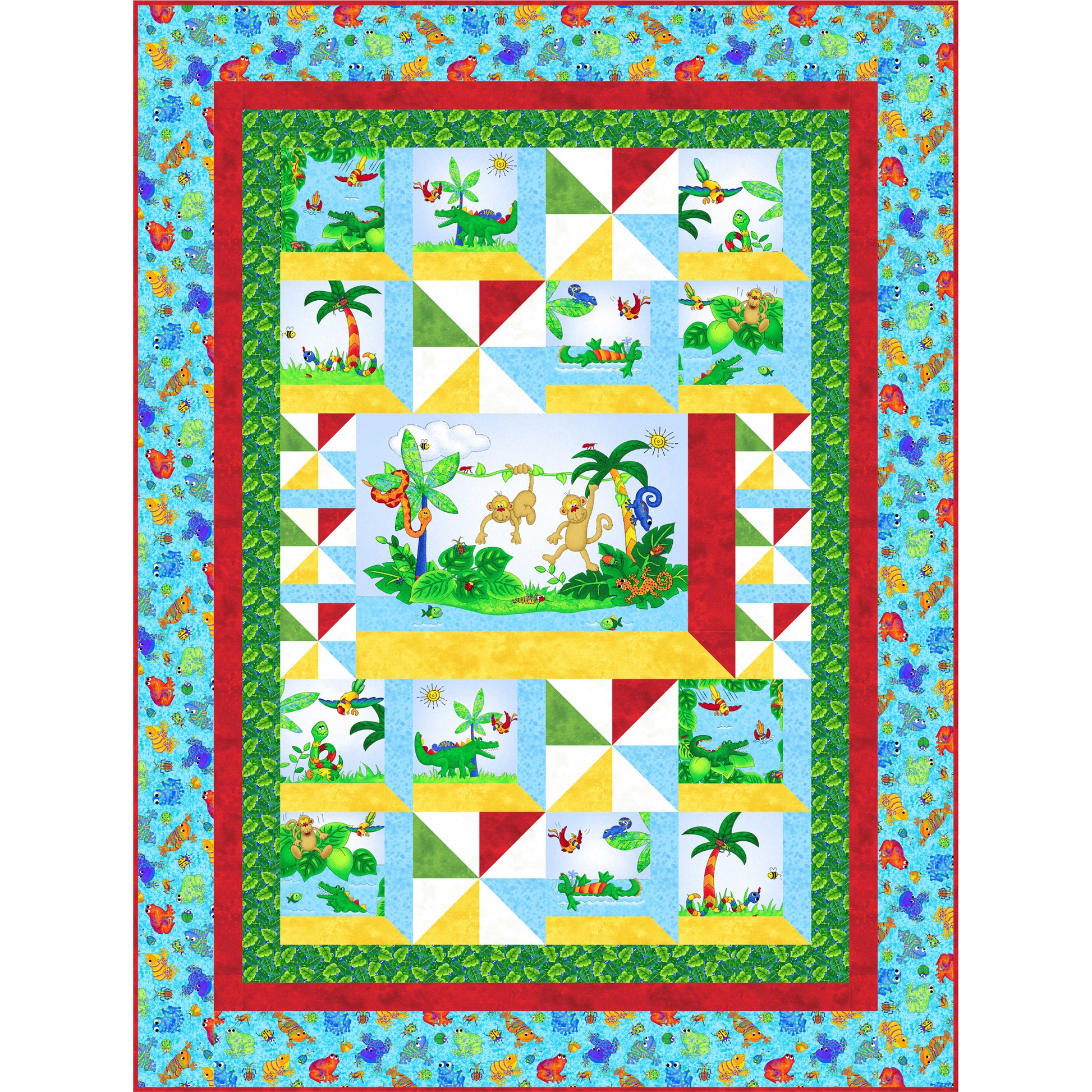 Colorful quilt with animal and nature-themed blocks on a blue background