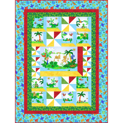 Colorful quilt with animal and nature-themed blocks on a blue background