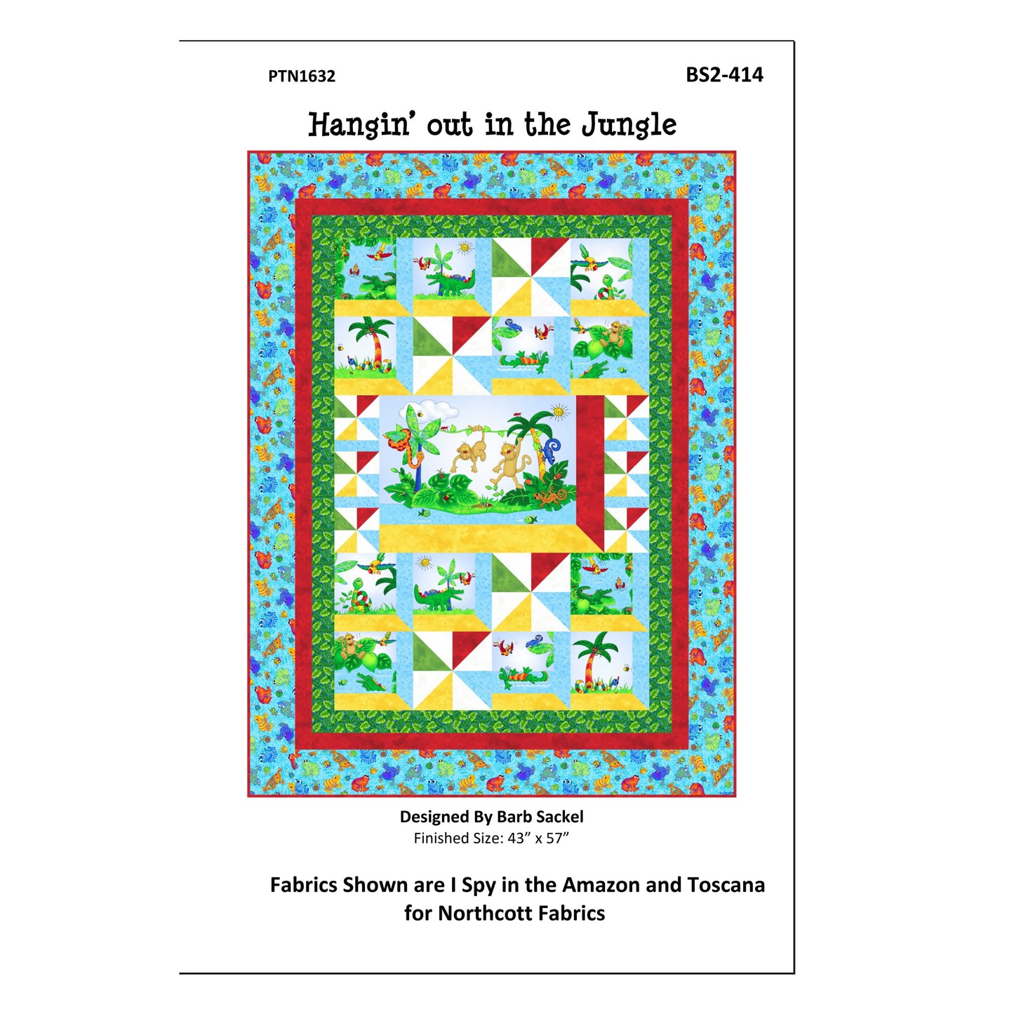 Quilt pattern cover titled 'Hangin' out in the Jungle' with colorful design and text.
