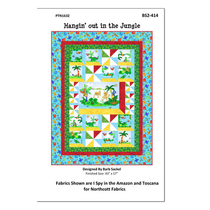 Quilt pattern cover titled 'Hangin' out in the Jungle' with colorful design and text.
