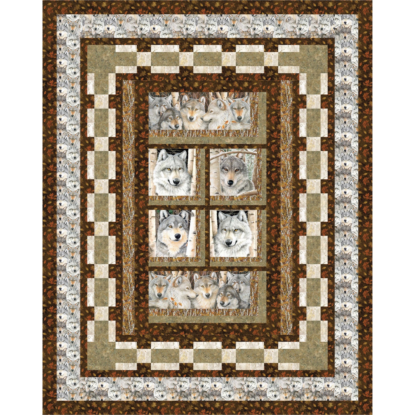 Quilt with wolf patterns in a checkered border