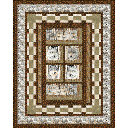 Quilt with wolf patterns in a checkered border